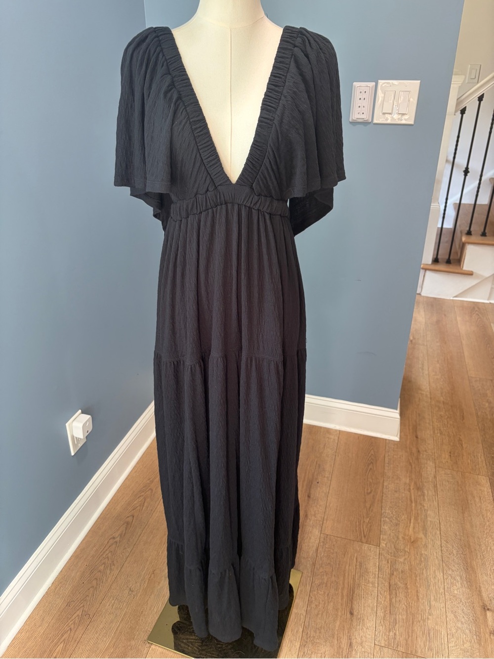 Free People La La Maxi Dress Black XS Deep V Flutter Sleeve